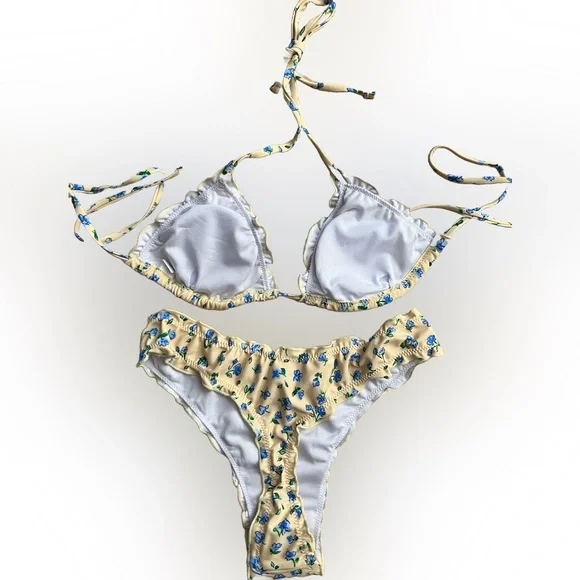 Yellow Floral Halter Thong Bikini Set - Picture 5 of 9